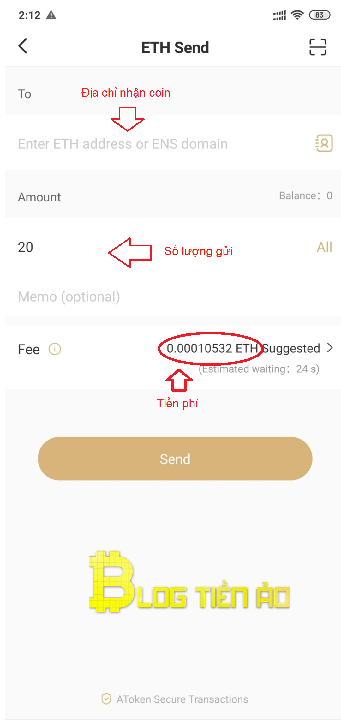 Nhập địa chỉ và số lượng coin cần chuyển